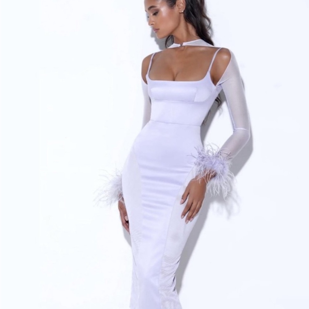 Miss Circle Oaklie Satin Mesh Sleeve Feather Dress
